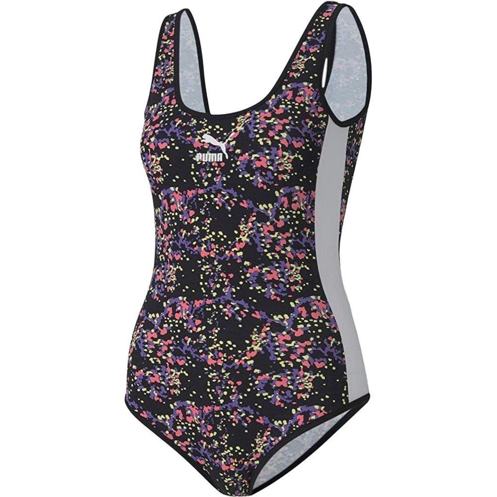Puma Womens Bodysuit M Black Multi Color One Piece Floral New